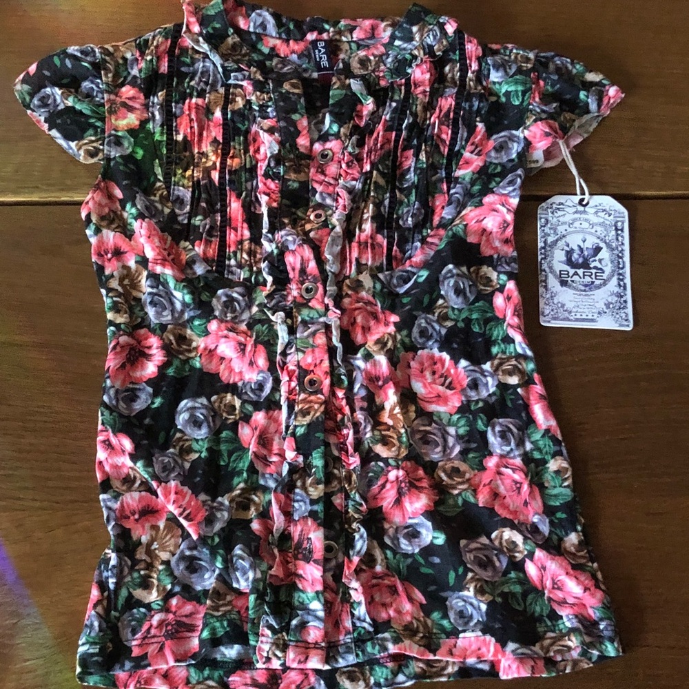 Bare Floral Button-Front girls ruffle sleeve Top in Black & Pink